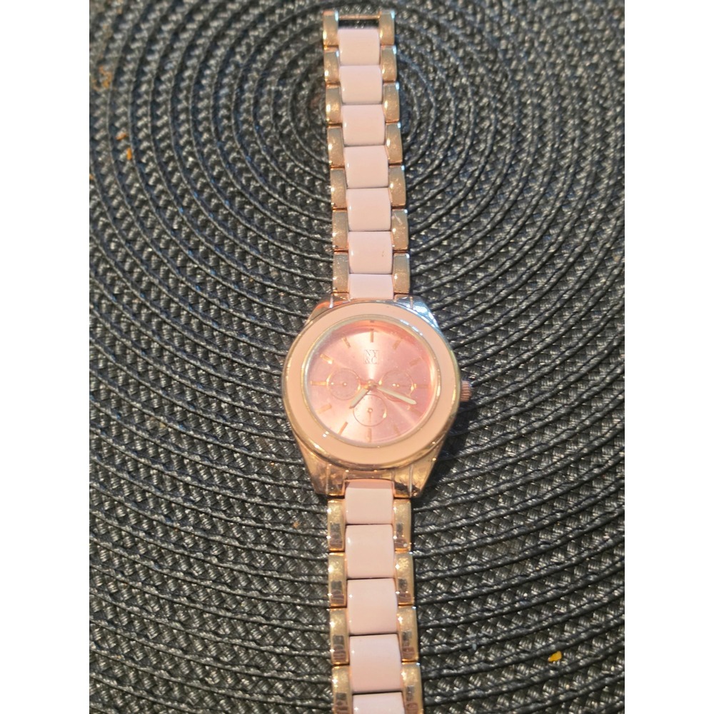 New York & Company Rose Gold Pink Enamel Link Watch 16787 Womens Chrono Look
